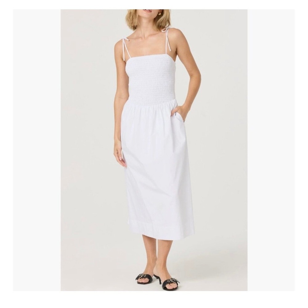 ASTR The Label White Smocked Cotton Midi Dress Tie Straps Womens M - Picture 3 of 10